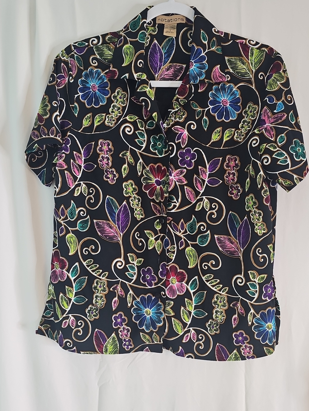Notations Black Floral Short-Sleeve Button-Up Top